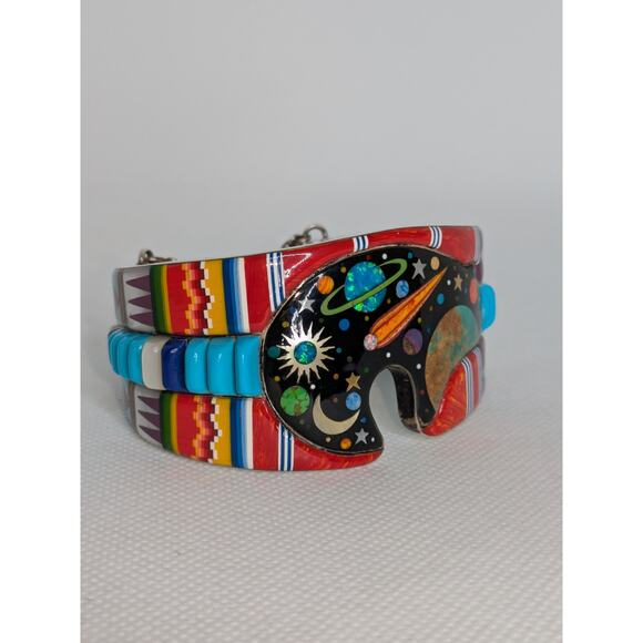 RR Sterling Silver Navajo Inlay Bracelet Multicolored Bear Space Tribal Cuff 925 - Picture 4 of 8